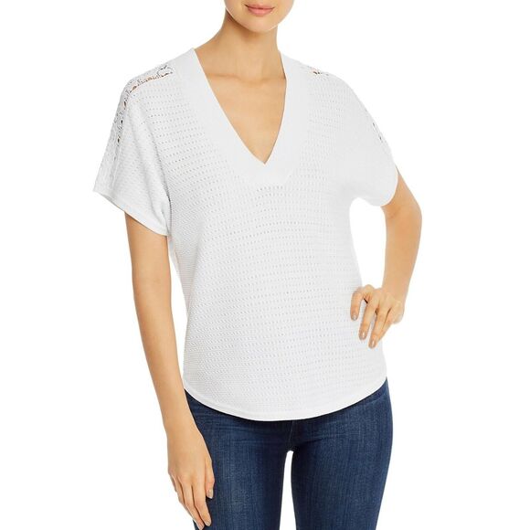 DESIGN HISTORY NEW $108 Crochet-Inset‎ Pointelle Top in White Medium - Picture 1 of 4